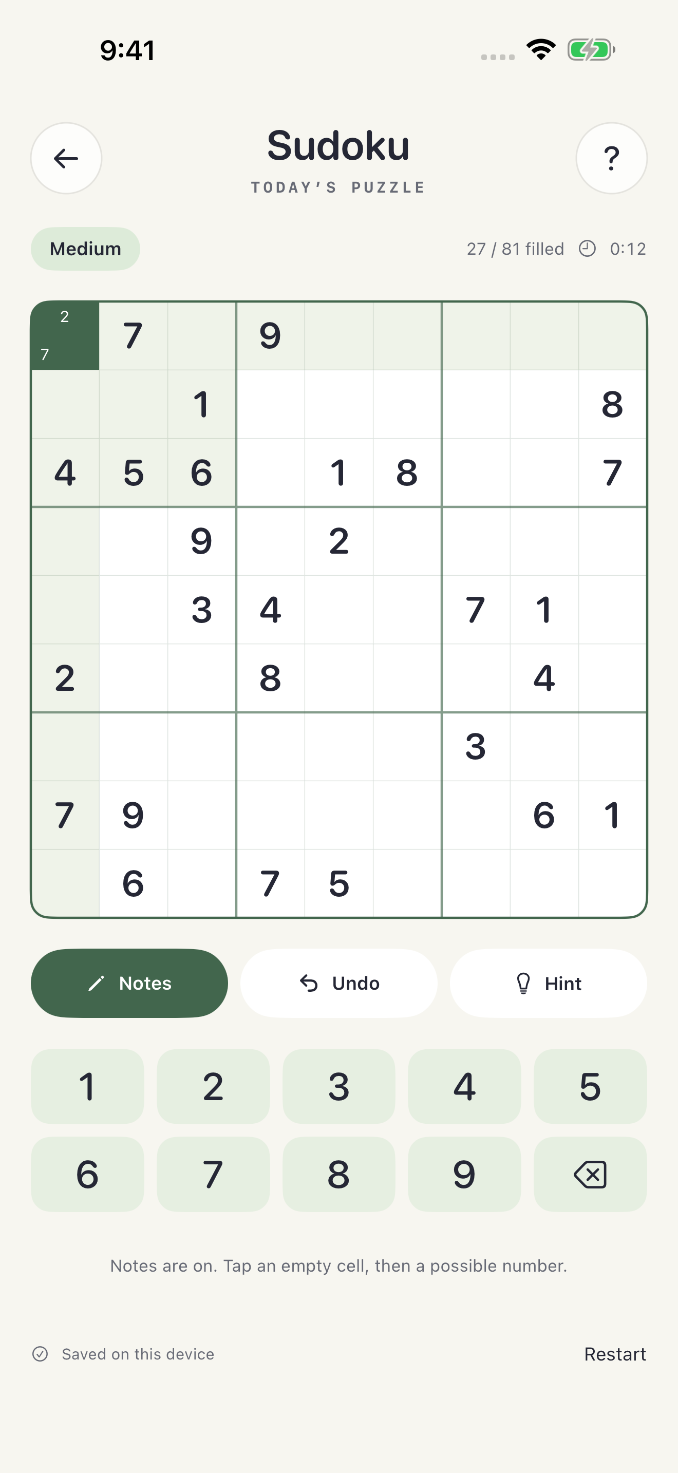 Sudoku with a nine-by-nine board and number keypad