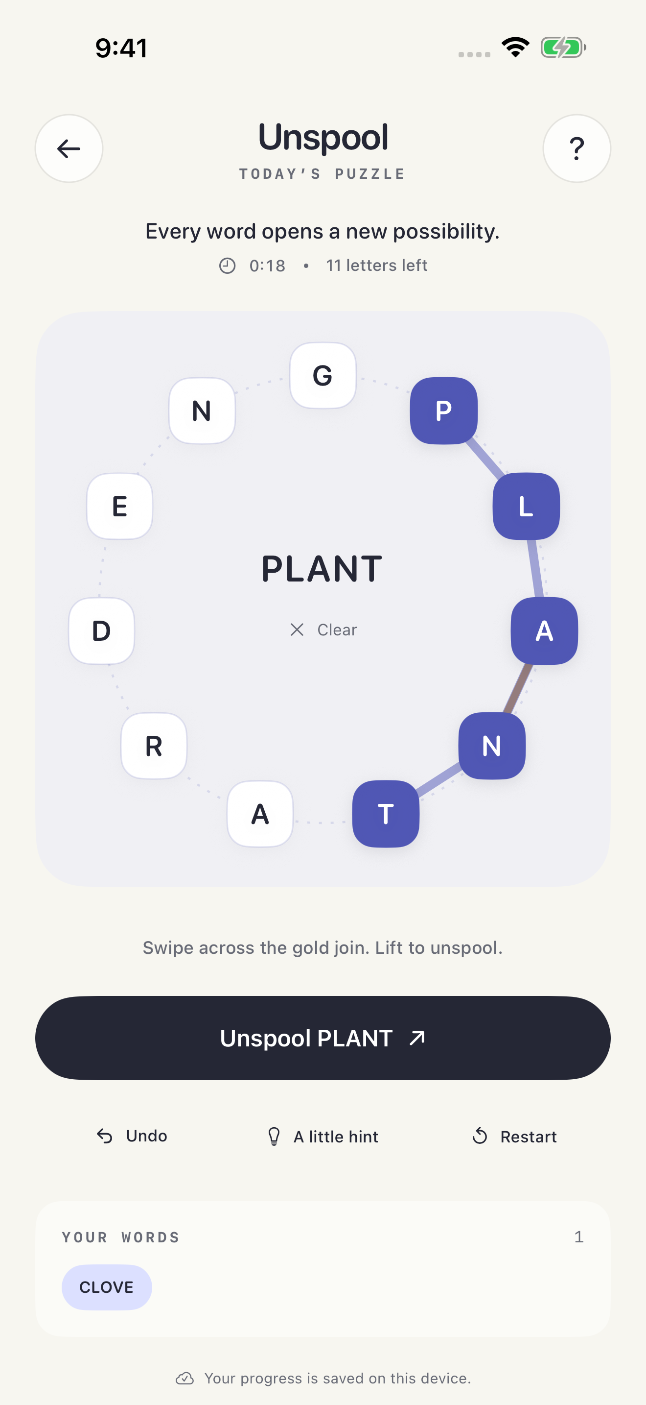 Unspool: letters selected around a ring to form PLANT